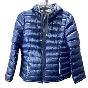 Calvin Klein reversible puffer coat hooded warm jacket navy blue snakeskin SZ LG